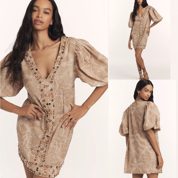 Anthropologie Olliari Beaded Puff-Sleeve Mini Dress - Picture 1 of 10